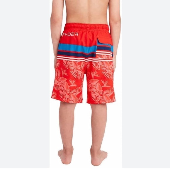 Spyder Boys Red Blue Striped Tropical Floral Drawstring Swim Shorts Size XL - Picture 14 of 15